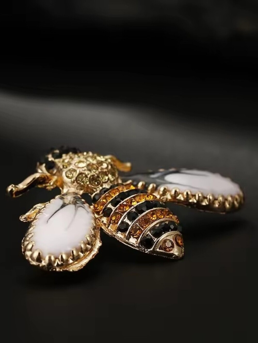Gold Bee Brooch with White Enamel Wings and Amber Crystals - Picture 4 of 7
